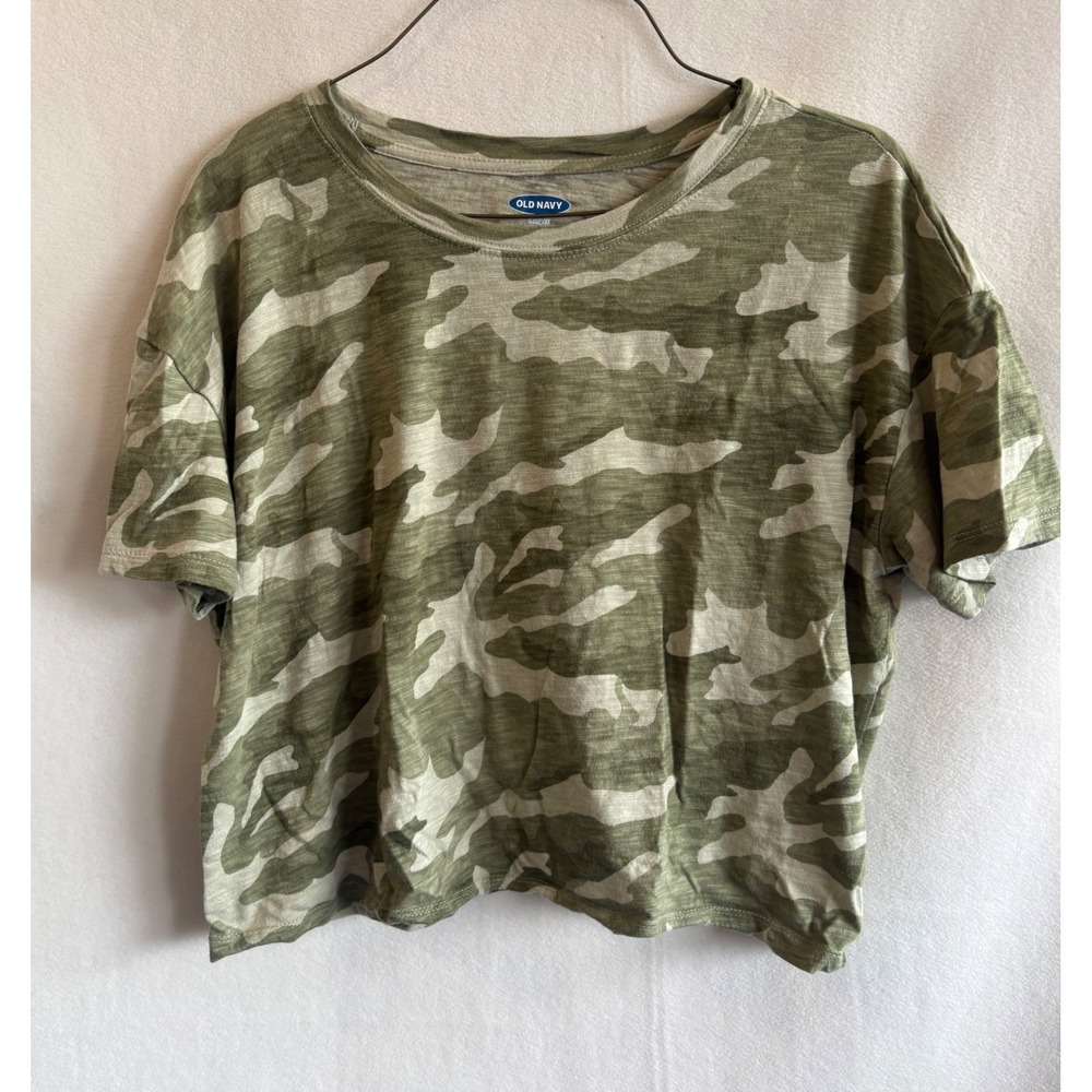 Old Navy Womens Green Camo Slub Knit Boxy Crop Tee Shirt Medium